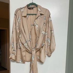 Zara Cat Print Tie-Front Sateen Blouse pale pink